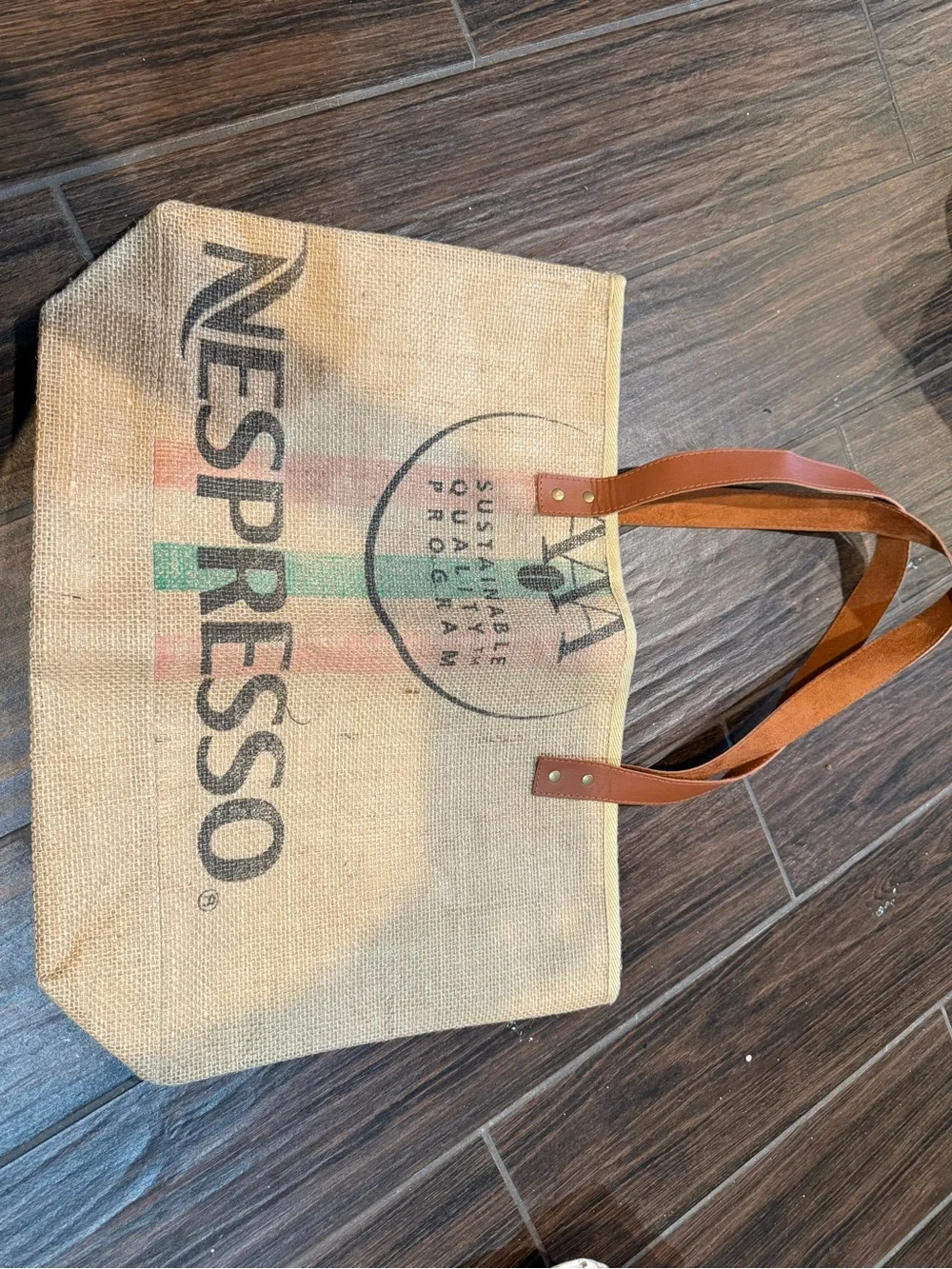 Nespresso Beige Jute Tote with Brown Leather Handles and Logo
